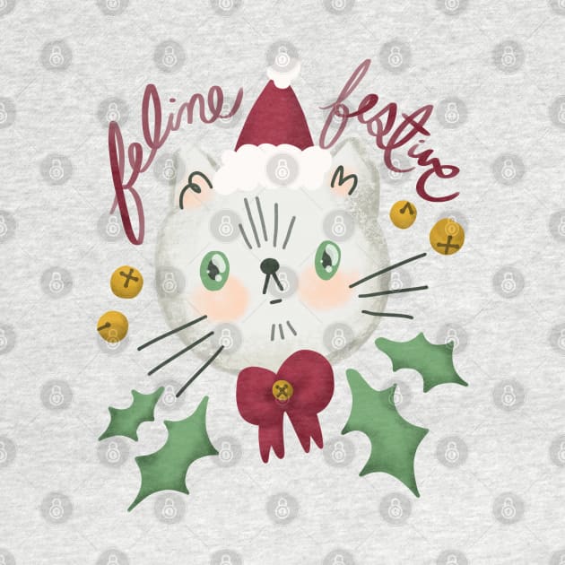 Feline Festive - Christmas cat illustration with bells and holly by KodiakMilly